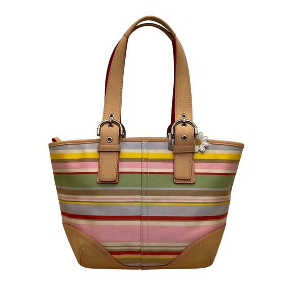 Coach Women’s Multicolor Canvas & Leather Striped With Daisy Charm Tote Bag Sz M - Picture 1 of 15